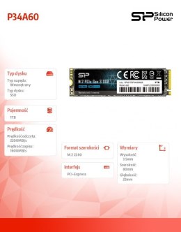 Dysk SSD P34A60 1TB PCIE M.2 NVMe 2200/1600 MB/s