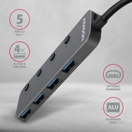 HUE-MSA Hub 4-portowy USB 3.2 Gen 1 switch, metalowy, 20cm USB-A kabel, microUSB dodatkowe zasilanie