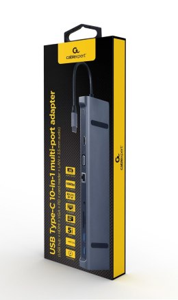 GEMBIRD MULTI ADAPTER TYP-C 10W1 (HUB USB + HDMI + VGA + PD + CZYTNIK KART + LAN + AUDIO 3,5 MM), SZARY
