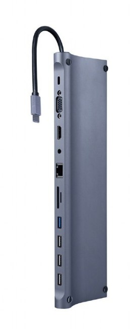 GEMBIRD MULTI ADAPTER TYP-C 11W1 (HUB USB + HDMI + VGA + PD + CZYTNIK KART + LAN + AUDIO 3,5 MM), SZARY
