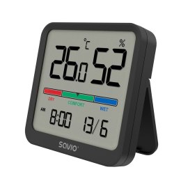 Czujnik temperatury i wilgotności, do użytku wewnętrznego, ekran LCD, zegar, data, uchwyt z magnesem, CT-01/B Czarny