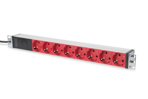 Listwa zasilająca PDU 19" Rack, 8x czerwone gniazdo schuko, 2.0m, 1x wtyk C14, 10A, aluminiowa