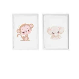 Zestaw 2 obrazów Crochetts Wielokolorowy Drewno MDF 33 x 43 x 2 cm Słoń Małpa (2 Części)
