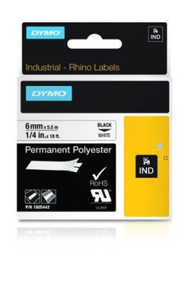 RHINO POLYESTER LABEL 6MM X5.5M/BLACK ON WHITE IN
