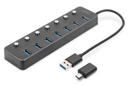Hub USB 3.0/Koncentrator 7-portowy USB A + adapterUSB-C 5Gbps z wyłącznikami aluminiowy aktywny