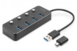 Hub USB 3.0/Koncentrator 4-portowy USB A + adapter USB-C 5Gbps z wyłącznikami, aluminiowy, pasywny