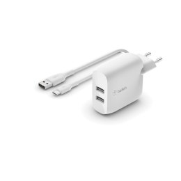 DUAL USB-A CHARGER/W/USB-C CABLE 1M 24W WHITE