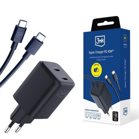 3MK Hyper Charger PD 45W ład. sieć. czarna/black + 2x USB-C Cables