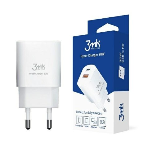 3MK HyperCharger 20W 1xUSB-C + 1xUSB-Aładowarka sieciowa PD/QC biały/white