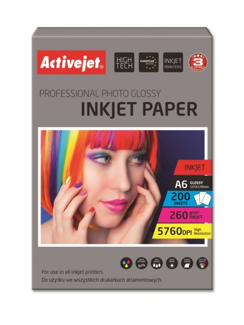 Activejet AP6-260GR200 Papier fotograficzny błyszczący; idealny do wydrukowania zdjęć, kolorowego wspomnienia, 10x15; (A6; 200 s
