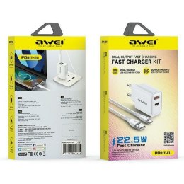 AWEI ład. siec. PD81T-EU 22.5W + kabel USB + USB-C biała/white GaN