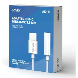 Adapter USB-C na Jack 3.5 mm Savio AK-51 Biały 11 cm