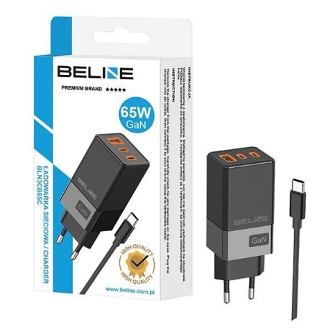 Beline Ład. siec. 2x USB-C + 1x USB 65W+ kabel USB-C czarny/black PD 3.0 + QC 3.0 BLN3CB65C GaN