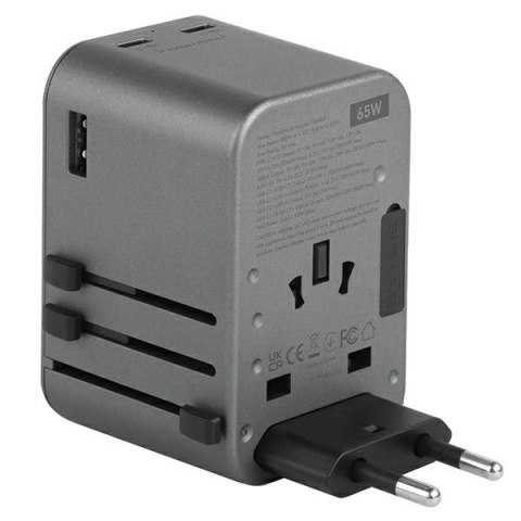 ENERGEA ład. siec. 1xUSB+2xUSB-CPD-PPS-QC 3.0 65W 1A2C adapter 4w1 US/UA/EU/UK szary/gunmetal Travelworld Adapter GaN65W