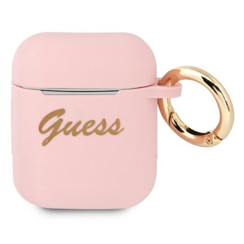 Guess GUA2SSSI AirPods 1/2 cover różowy/pink Silicone Vintage Script