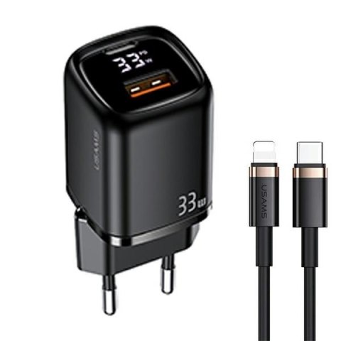 USAMS Ład. siec. 1xUSB-C+1xUSB T46 33W PD3.0 +QC3.0 Fast Charging +kabel U63 USB-C/Lightning czarny/black UDTZ01