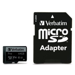 Verbatim Karta microSD 64GB + adapter Pro U3 czarny/black 47042