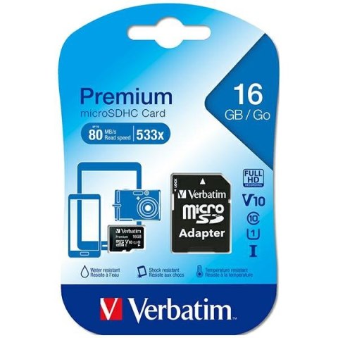 Verbatim Karta microSDHC 16GB V10+ adapter czarny/black 44082