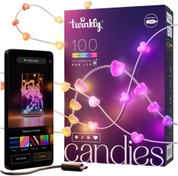 Twinkly Candies - 100 Lampki w kształcie serc RGB LEDs, przezroczysty przewód, USB-C