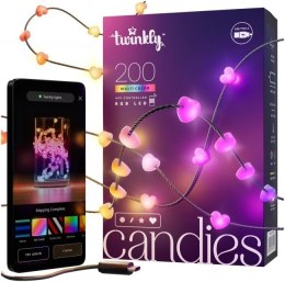 Twinkly Candies - 200 Lampki w kształcie serc RGB LEDs, zielony przewód, USB-C