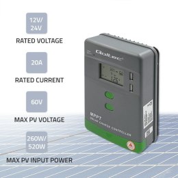 Solarny regulator ładowania MPPT z czujnikiem temperatury 20A | 12V / 24V | LCD | 2 x USB