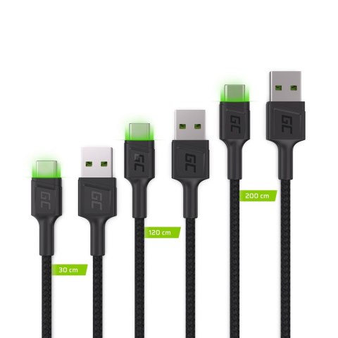 GREEN CELL ZESTAW KABLI KABGCSET01 3X KABEL GC RAY USB - USB-C 30CM, 120CM, 200CM, ZIELONY LED