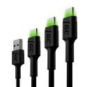 GREEN CELL ZESTAW KABLI KABGCSET01 3X KABEL GC RAY USB - USB-C 30CM, 120CM, 200CM, ZIELONY LED