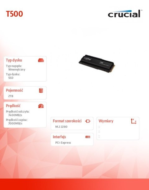 Dysk SSD T500 2TB M.2 NVMe 2280 PCIe40 7400/7000 Radiator