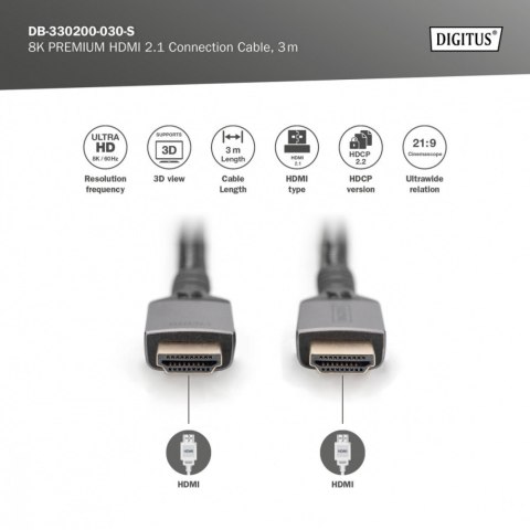 Kabel Premium połączeniowy HDMI 2.1 Ultra HighSpeed 8K60Hz UHD Typ HDMI A/A M/M 3m Czarny