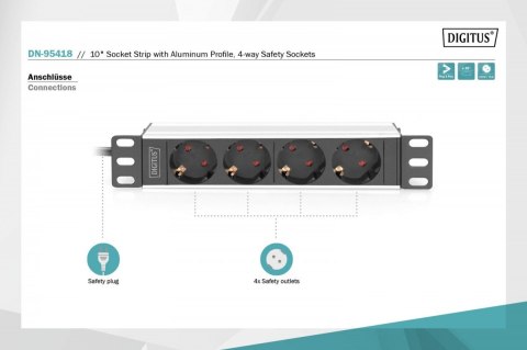 Listwa zasilająca do szaf 10" RACK 4xSchuko, 2m 1xUnischuko, 16A, aluminiowa