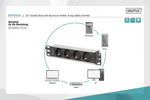 Listwa zasilająca do szaf 10" RACK 4xSchuko, 2m 1xUnischuko, 16A, aluminiowa