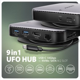 HMC-UFO Wieloportowy hub 9in1 USB-C 3.2 Gen 2 10Gbps HDMI M.2 NVMe/SATA audio PD100W microSD LAN