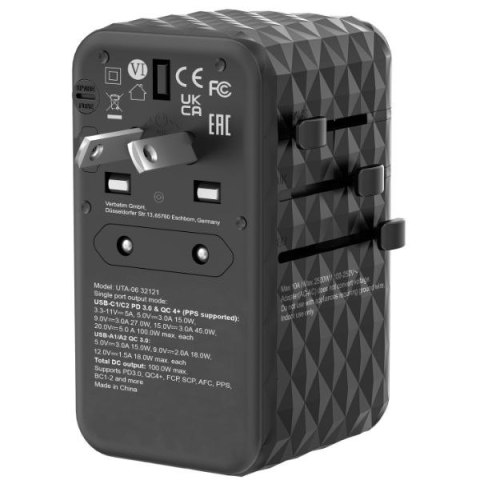 Verbatim Adapter podróżny EU/UK/US GaN2xUSB-A/2xUSB-C PD 100W UTA-06 czarny/black 32121