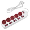 Listwa zasilająca 5 gniazd z włącznikami MCE204 R/W Biało-czerwona