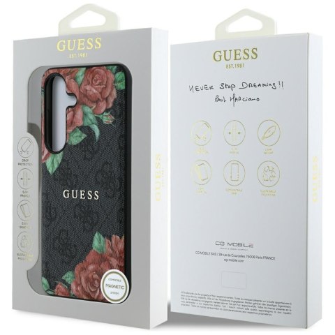 Etui Guess Leather 4G Flowers Print Metal Classic Logo MagSafe Samsung Galaxy S25 czarny