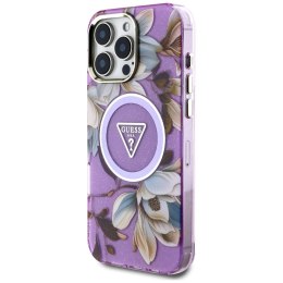 Etui Guess Glitter Flowers Triangle Buttons MagSafe do iPhone 16 Pro fioletowy