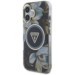 Etui Guess Glitter Flowers Triangle Buttons MagSafe do iPhone 16 czarny