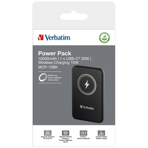 Verbatim Powerbank indukcyjny `n` Go 15W 10000mAh Wireless Magnetic czarny/black 32245