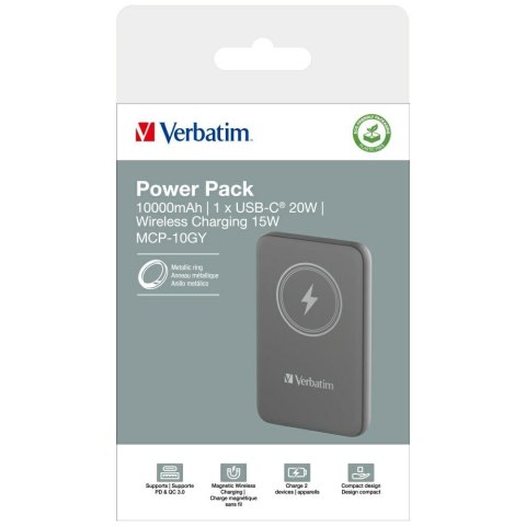 Verbatim Powerbank indukcyjny `n` Go 15W10000mAh Wireless Magnetic szary/grey 32249