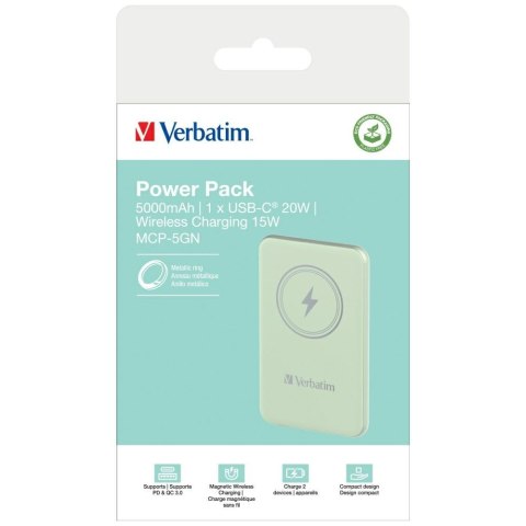 Verbatim Powerbank indukcyjny `n` Go 15W5000mAh Wireless Magnetic zielony/green 32241