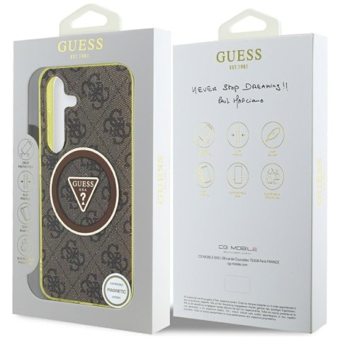 Etui Guess 4G Glitter Triangle Buttons MagSafe do Samsung Galaxy S25 brązowy