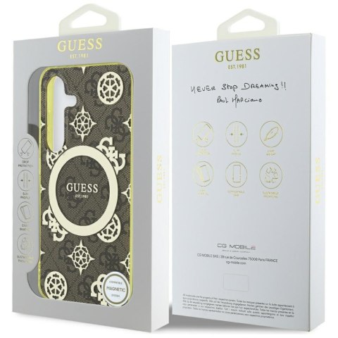 Etui Guess 4G Background Gold Electroplated Peony Pattern MagSafe do Samsung Galaxy S25 brązowy