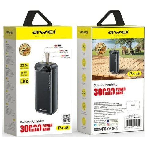 AWEI PowerBank PA-12 30000mAh 22.5W czarny/black