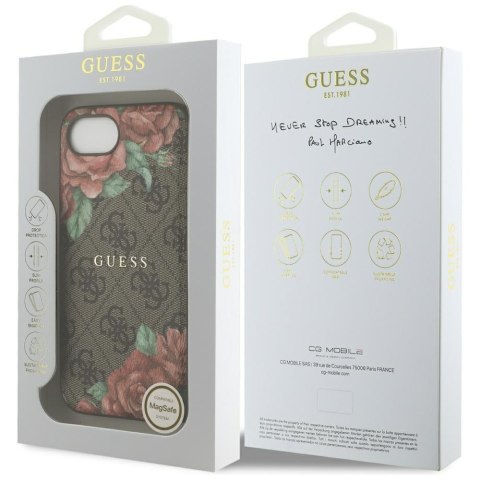 Etui Guess 4G Flowers Print MagSafe do iPhone 16e brązowy