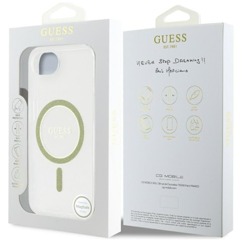 Etui Guess IML Glitter Circle MagSafe do iPhone 16e / 17e przezroczysty