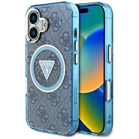Etui Guess IML Metal Glitter 4G Circle Triangle MagSafe do iPhone 16 niebieski