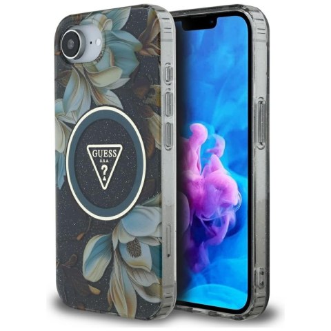 Etui Guess IML Metal Glitter Flowers Triangle MagSafe do iPhone 16e / 17e czarny