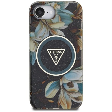 Etui Guess IML Metal Glitter Flowers Triangle MagSafe do iPhone 16e / 17e czarny