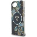 Etui Guess IML Metal Glitter Flowers Triangle MagSafe do iPhone 16e / 17e czarny