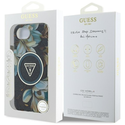 Etui Guess IML Metal Glitter Flowers Triangle MagSafe do iPhone 16e / 17e czarny
